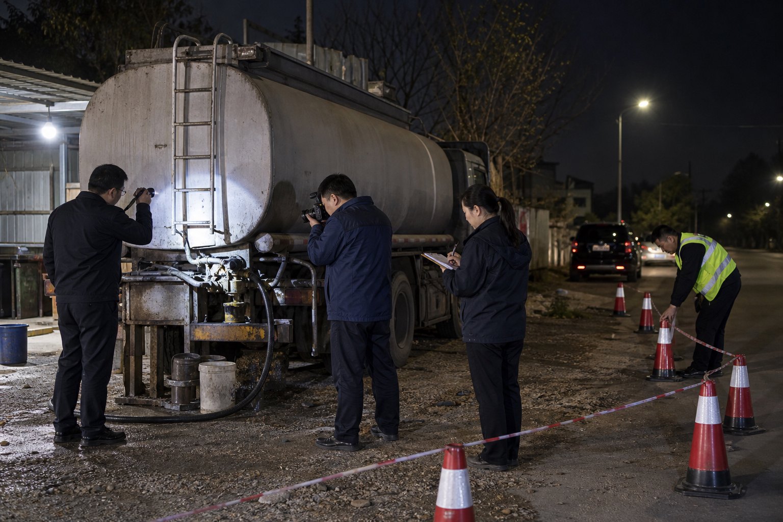 工作人员在夜间检查罐式车辆设备并记录现场情况