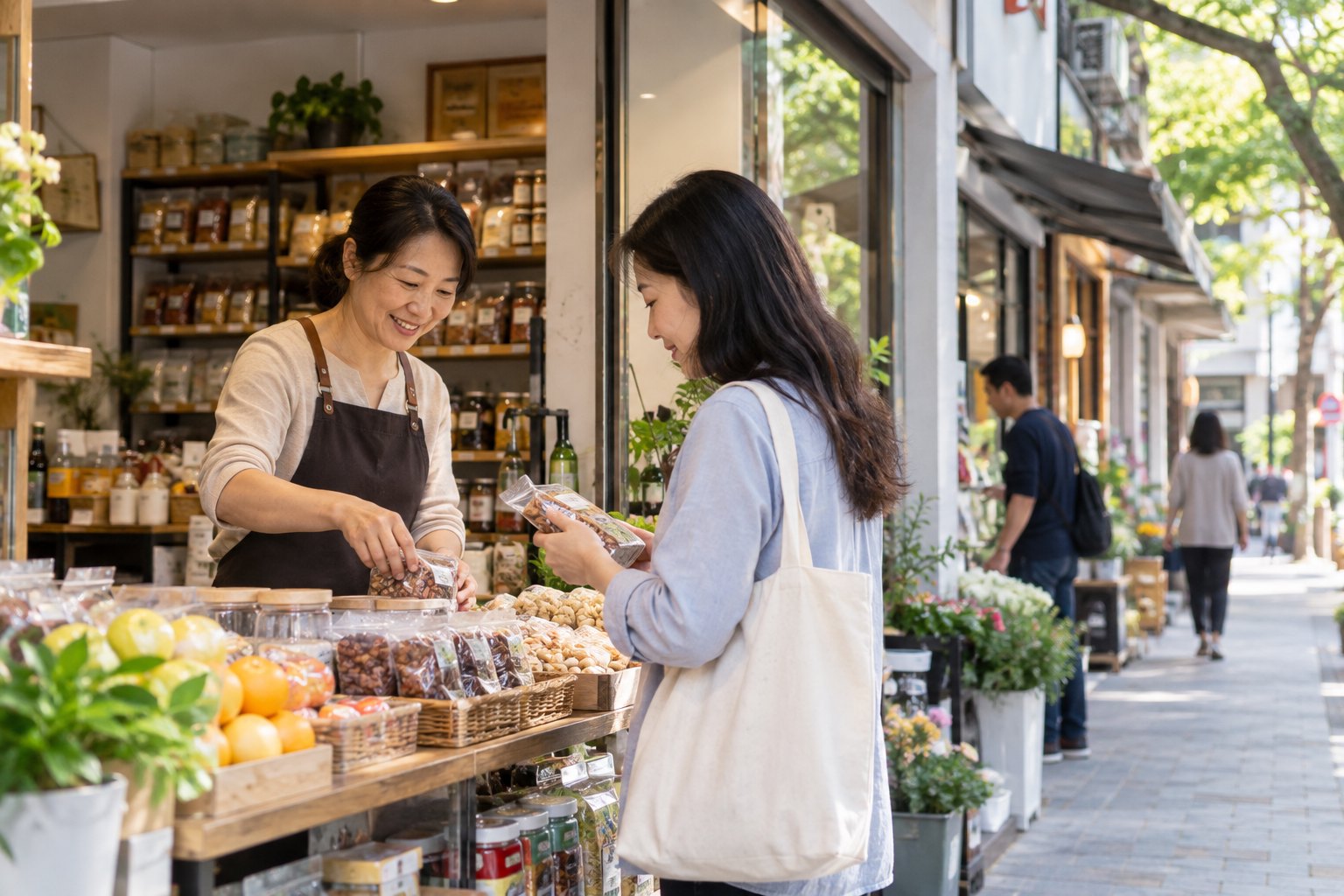 社区商业街内店主诚信经营并耐心接待顾客的日常场景