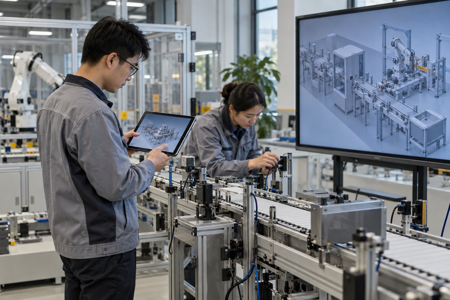 数字孪生工程技术人员对照虚拟模型检查实体生产线