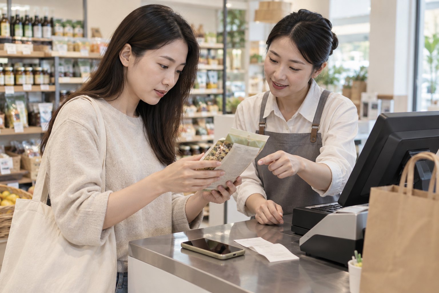 消费者在零售门店查看商品信息并向店员咨询的场景
