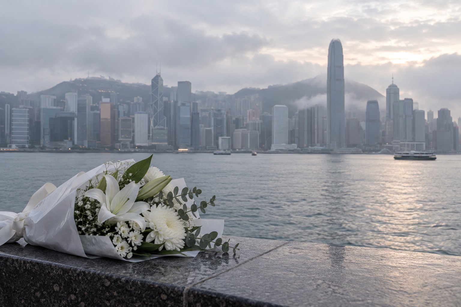 清晨薄雾中的香港维多利亚港,临水石台上放着一束白花