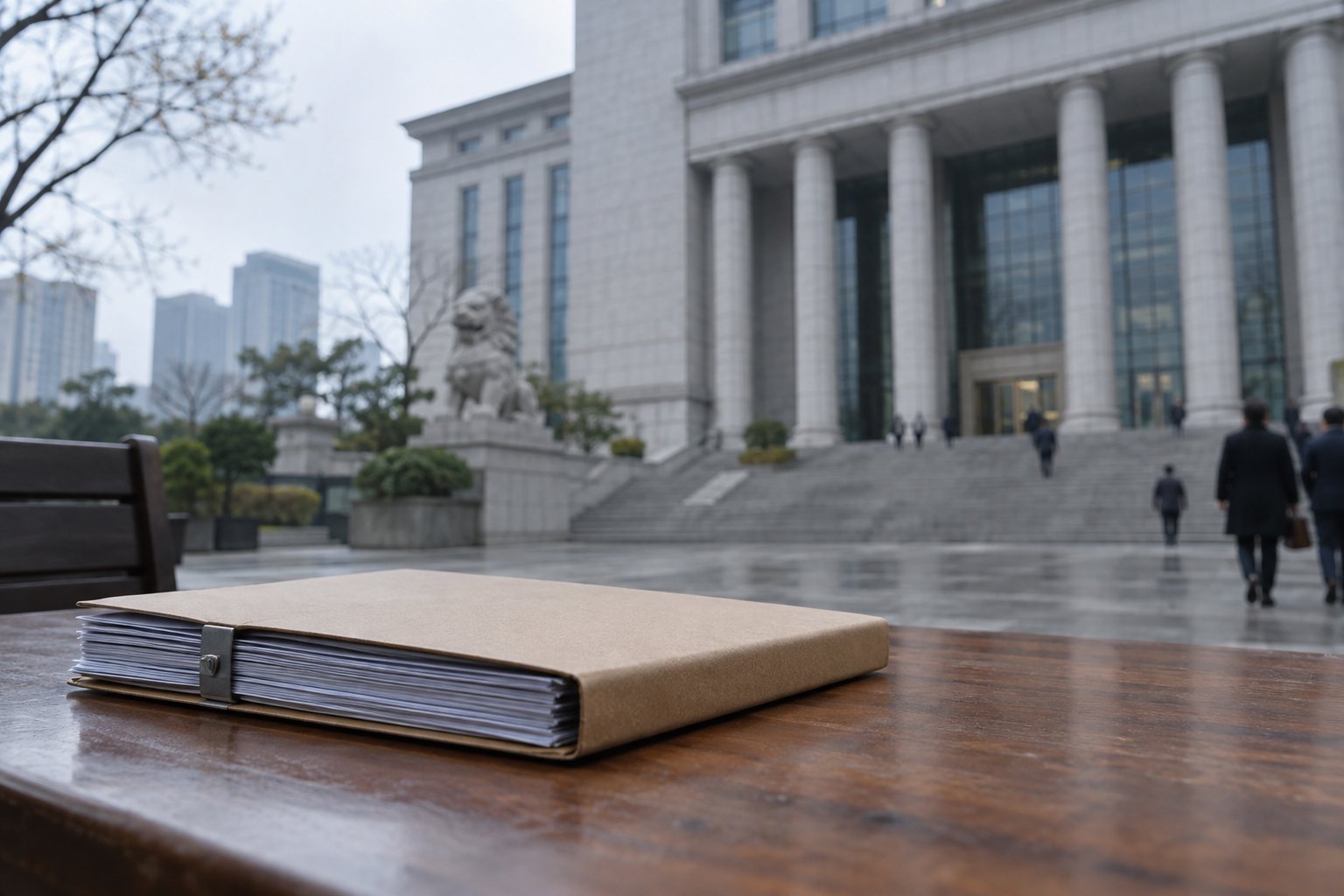 法院建筑前放置案卷材料的新闻纪实场景