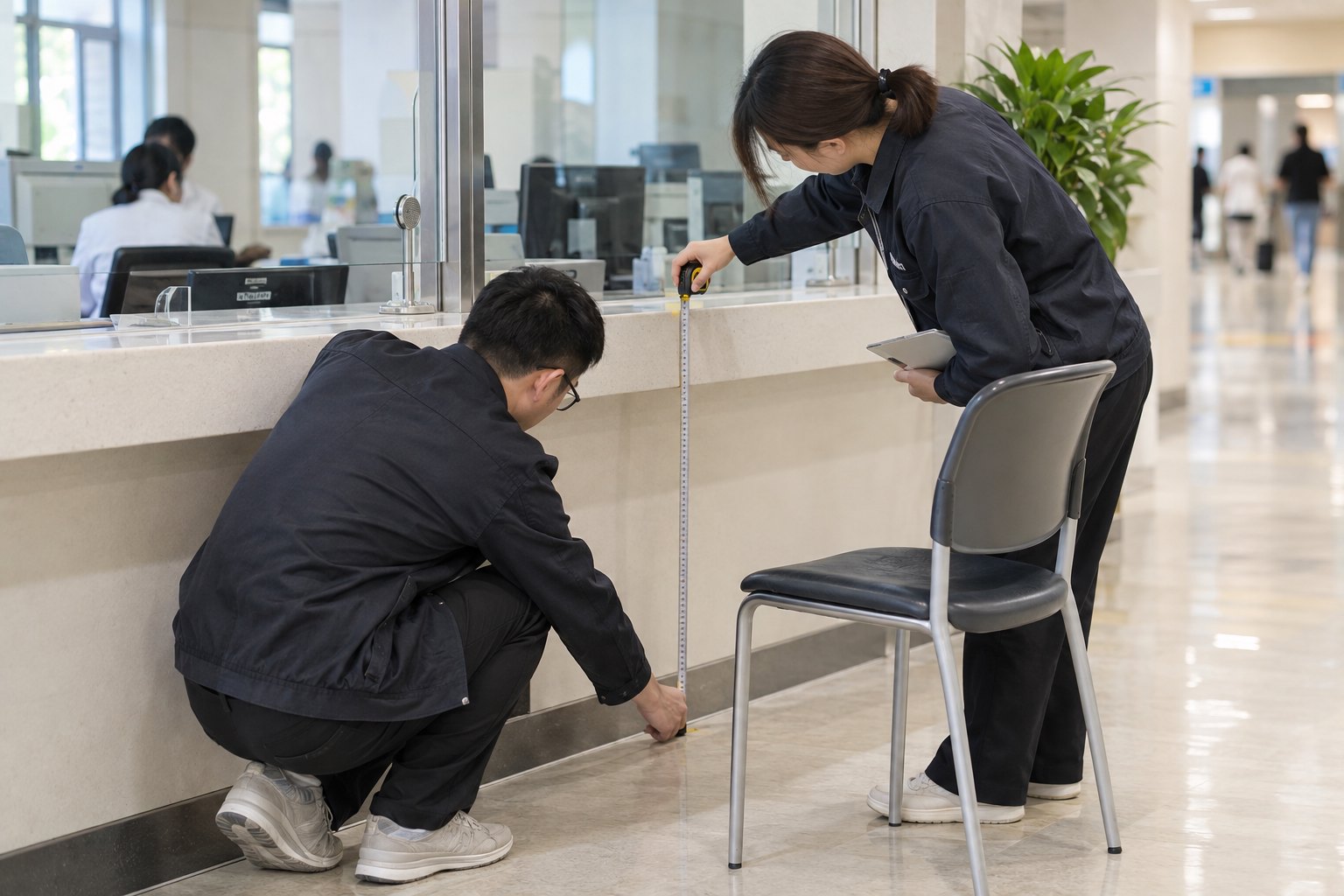 设施工作人员测量医院服务窗口高度并检查座椅与腿部空间