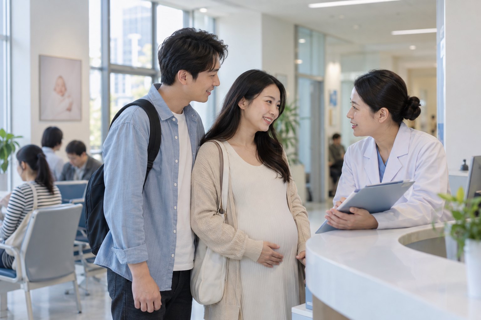 上海医院妇产科咨询台前,准父母向医务人员了解生育医疗保障安排