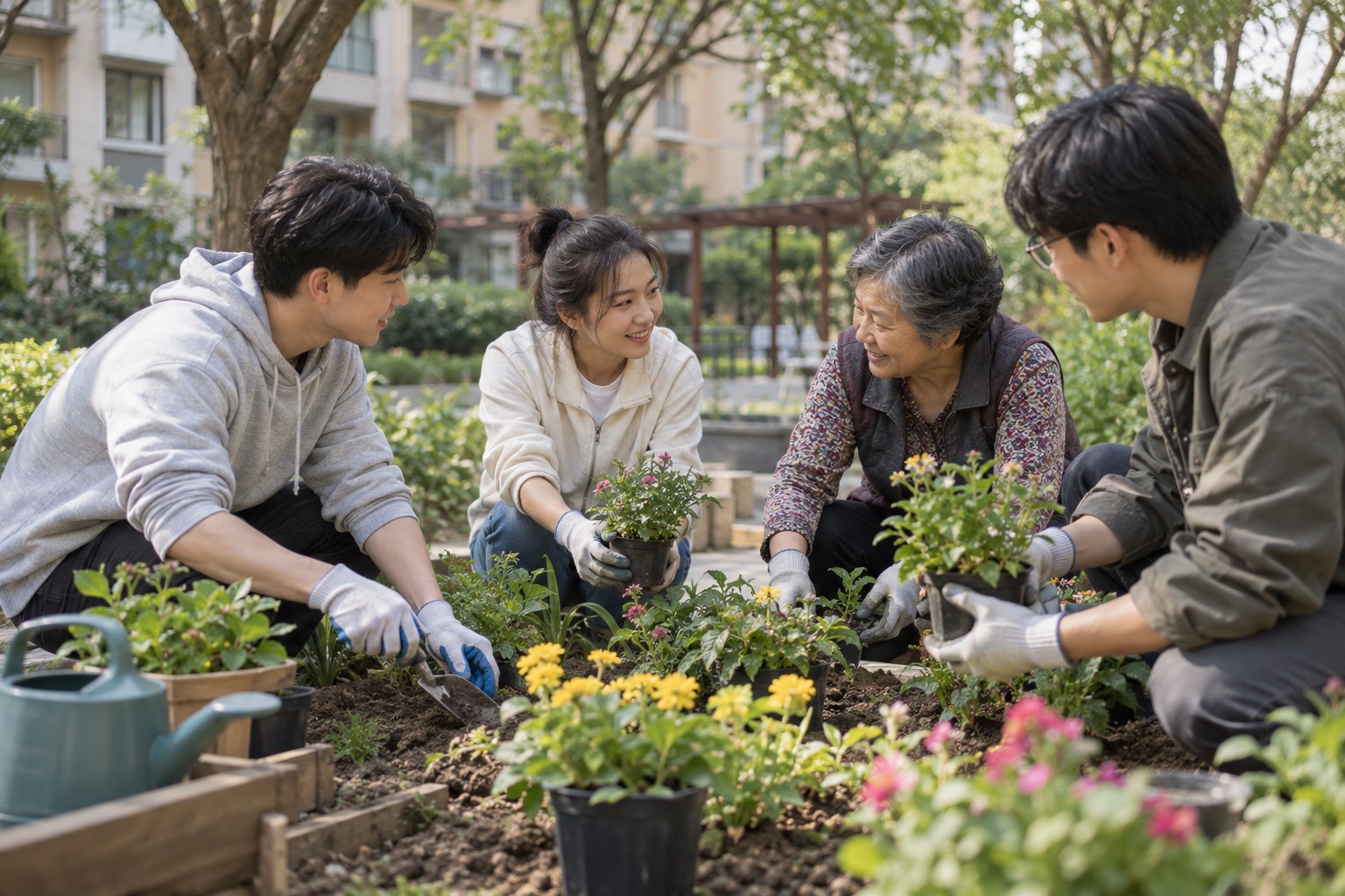 城市社区花园里,青年与老年居民共同整理花圃、栽种幼苗