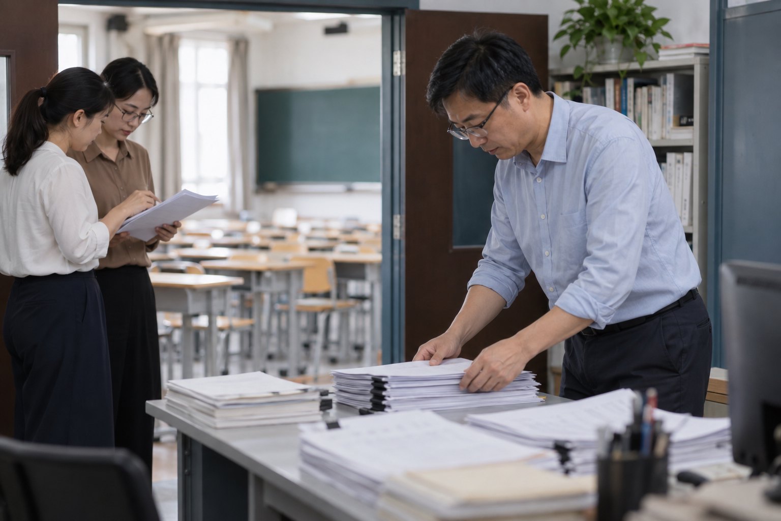 高校教师和教学工作人员在教室旁整理新生测试试卷