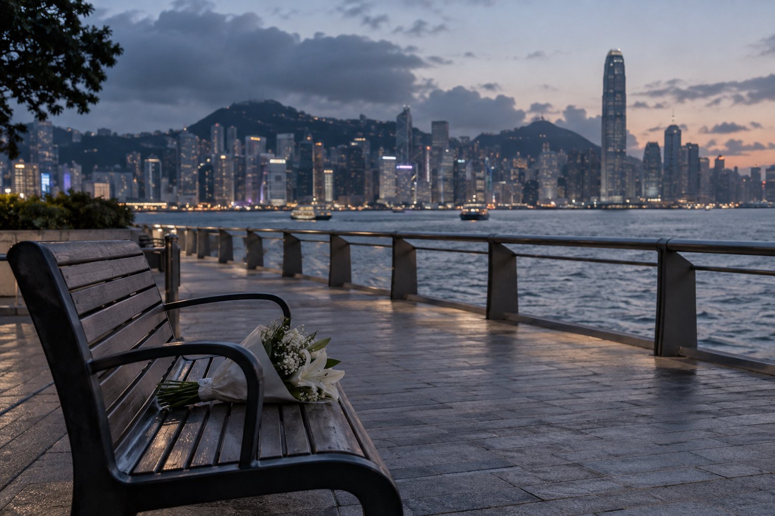 暮色中的香港海滨长廊,空置长椅上摆放着一束白花