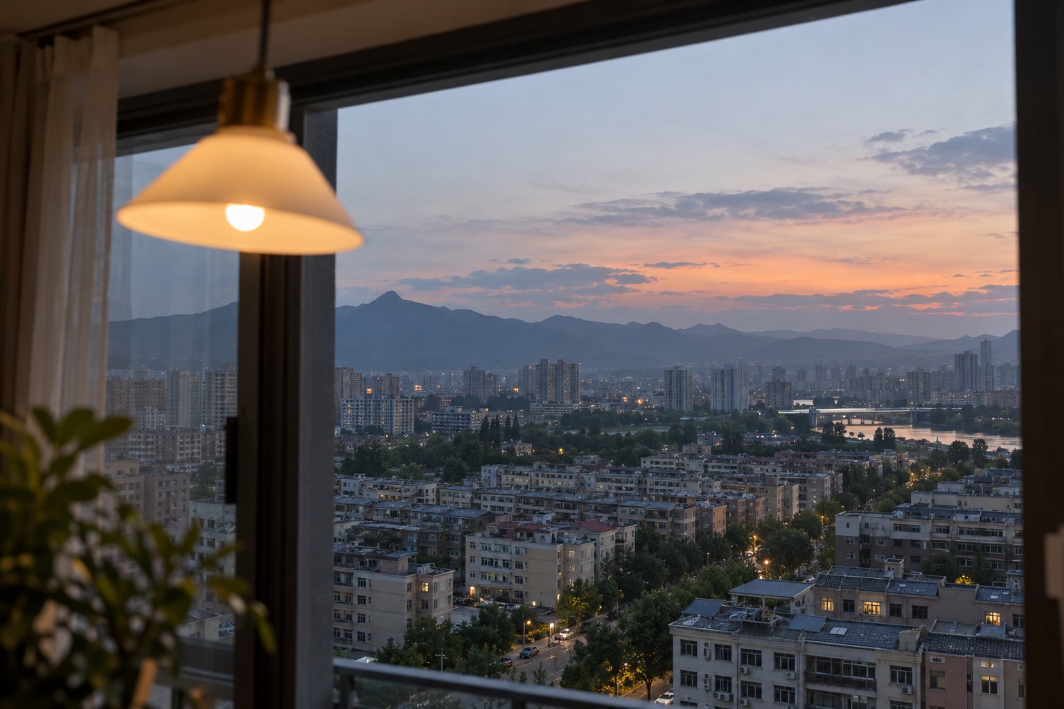 暮色中的河南城市与远山,室内吊灯轻微摆动,建筑和街道保持完好