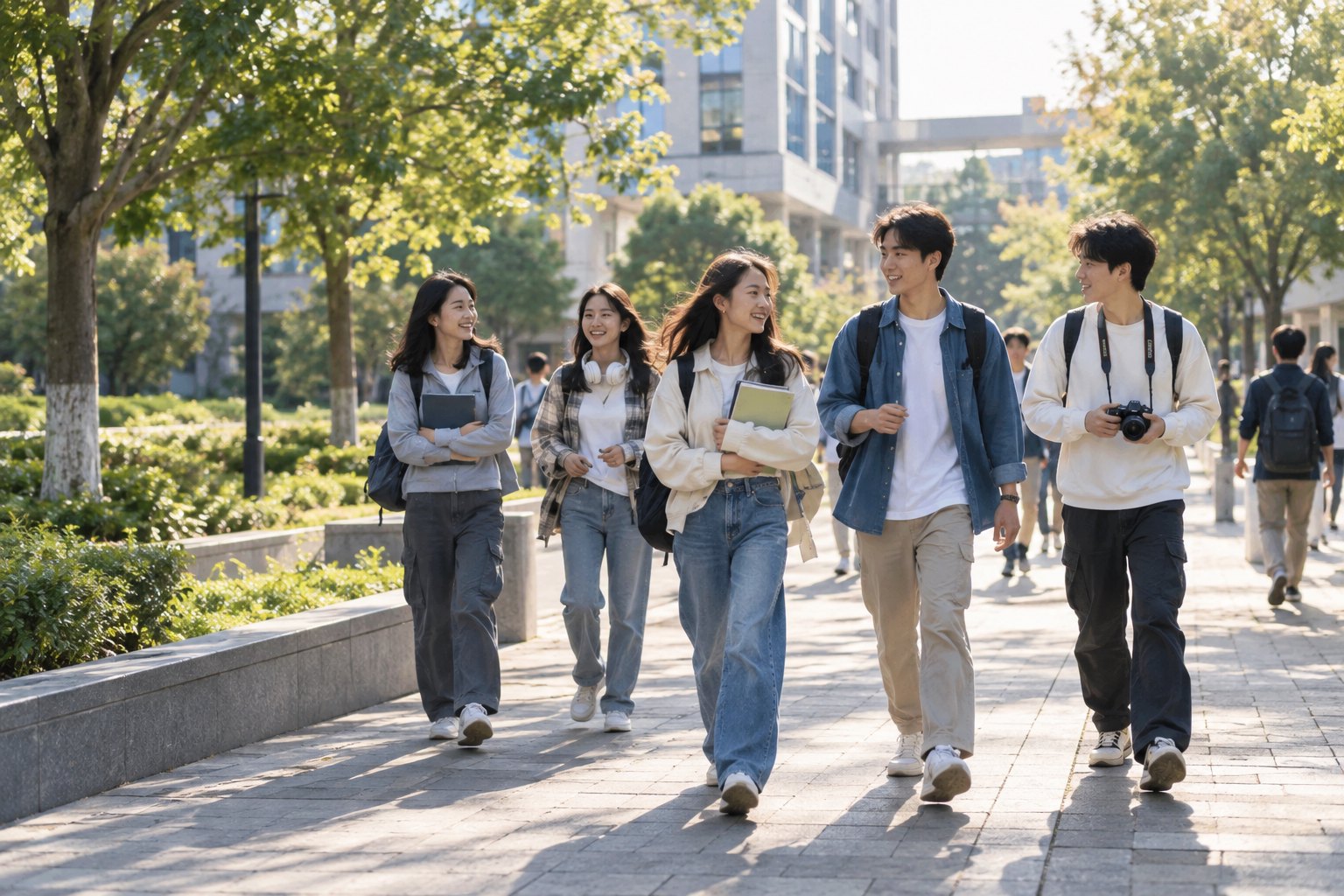 初秋晨光中,一群青年学生携书和相机走过绿树成荫的大学校园