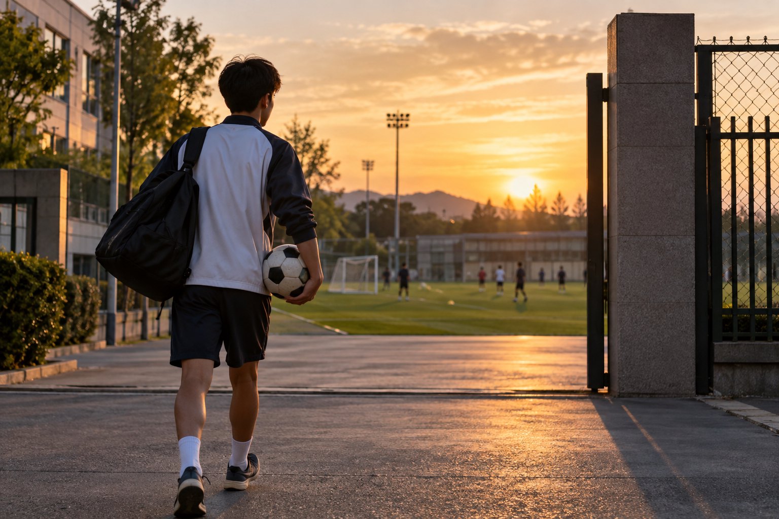 一名高中生年龄段足球少年背着球包、手持足球走向傍晚的专业训练场