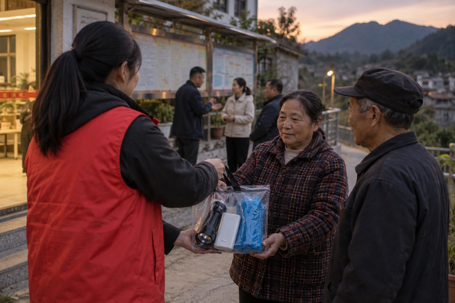 贵州山区社区服务站外,志愿者向居民递交手电筒、充电宝和雨衣等物资
