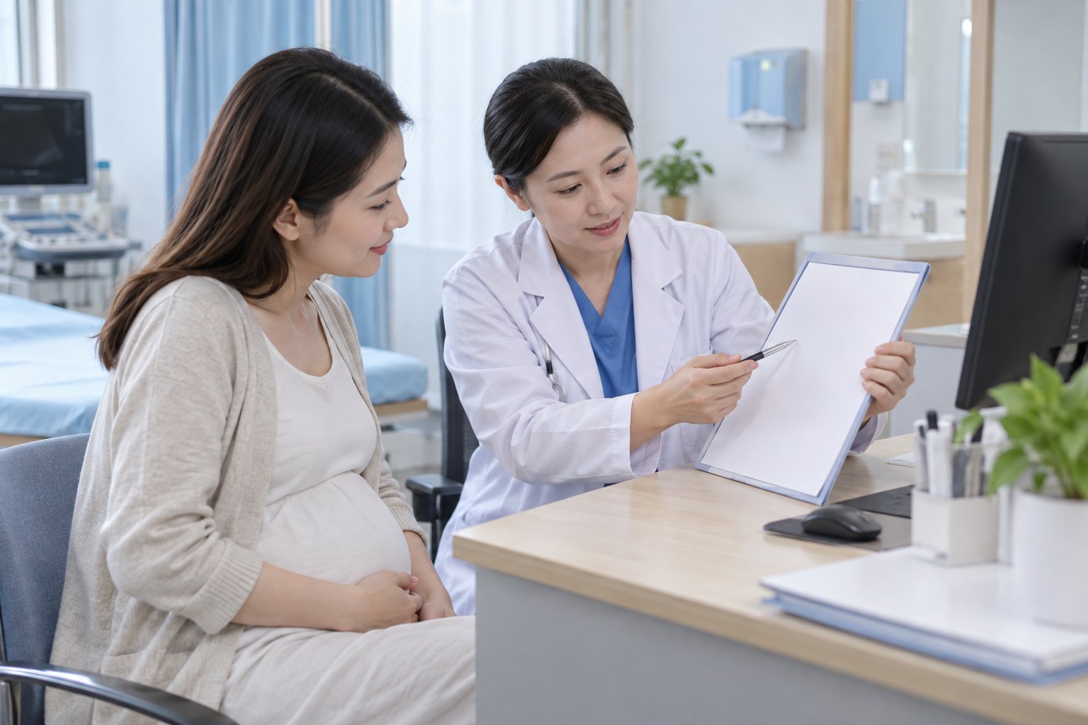 妇产科诊室内,医务人员向孕妇讲解产前检查安排