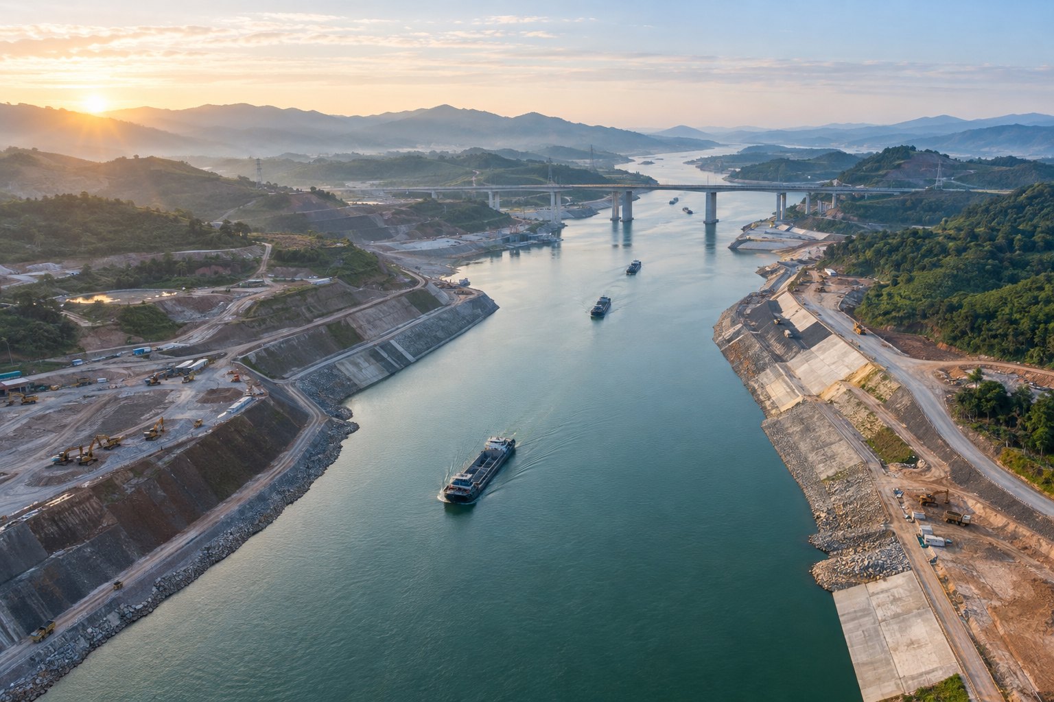 清晨山地河谷间大型运河水道、桥梁与施工岸线的航拍全景