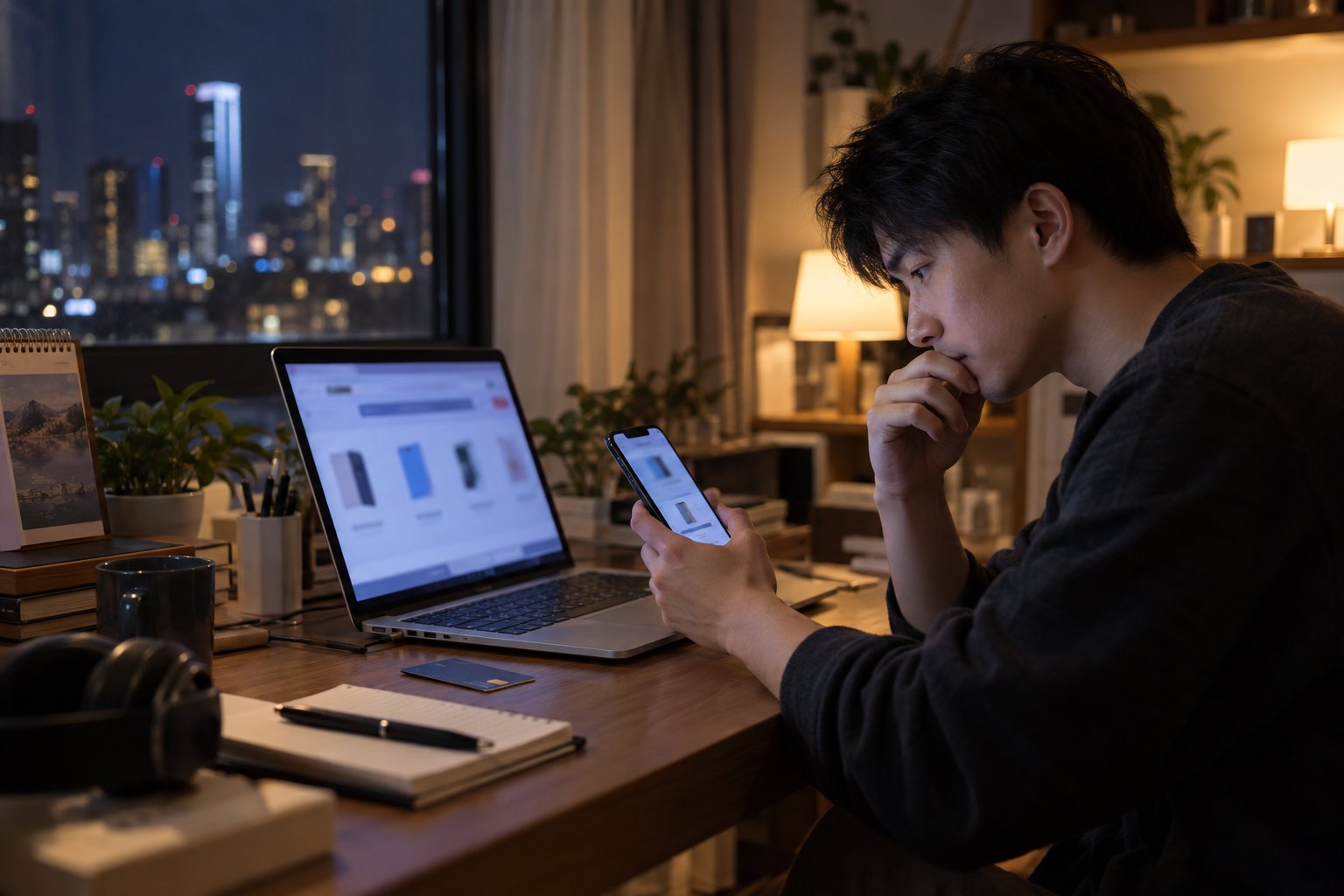 消费者在发布会前夜通过电脑和手机谨慎查看新款手机购买选项