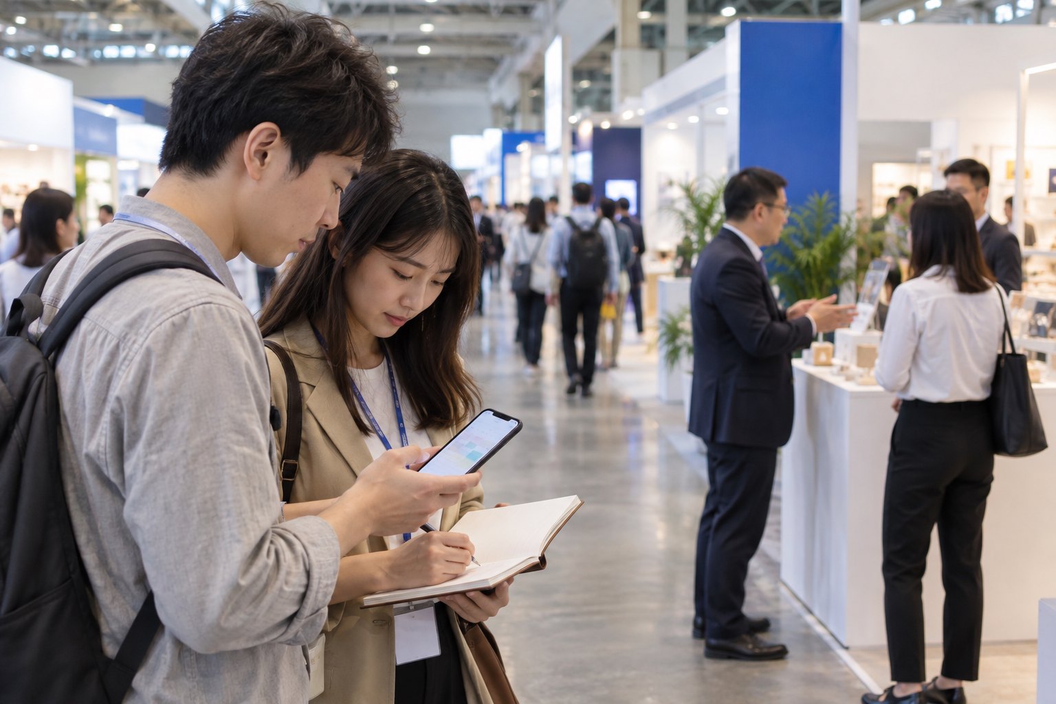 观众在展馆通道查看日程并记录感兴趣的展览信息