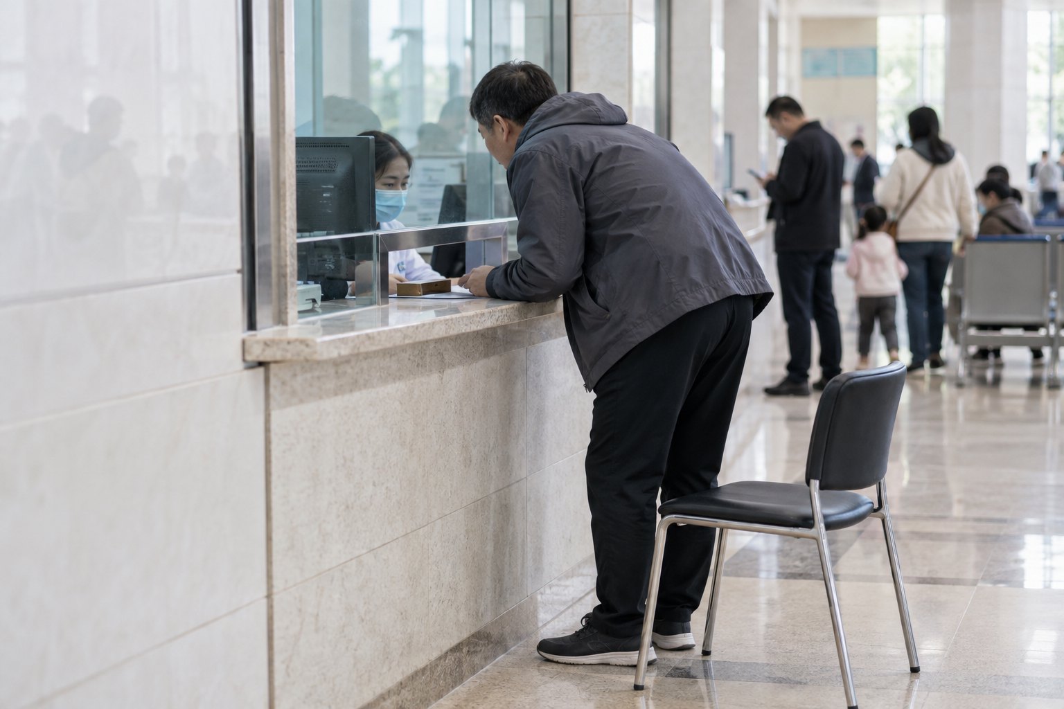 医院服务窗口前居民弯身办理业务,旁边放着一把临时增设的座椅