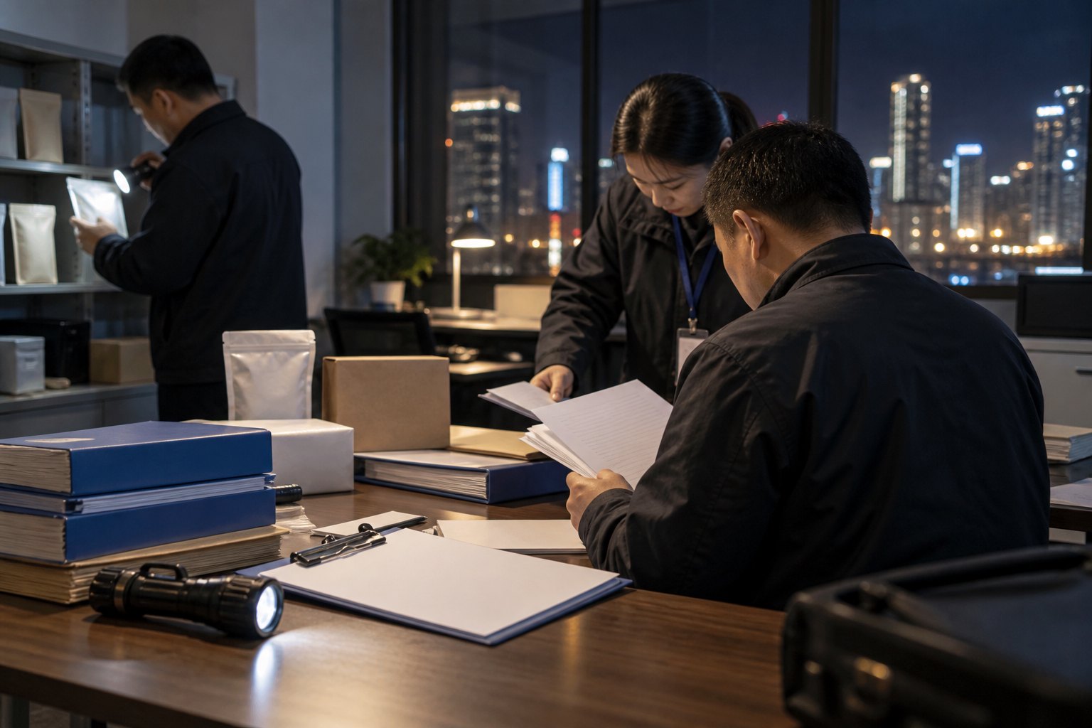 夜间办公室内工作人员核对资料并检查无品牌包装样品