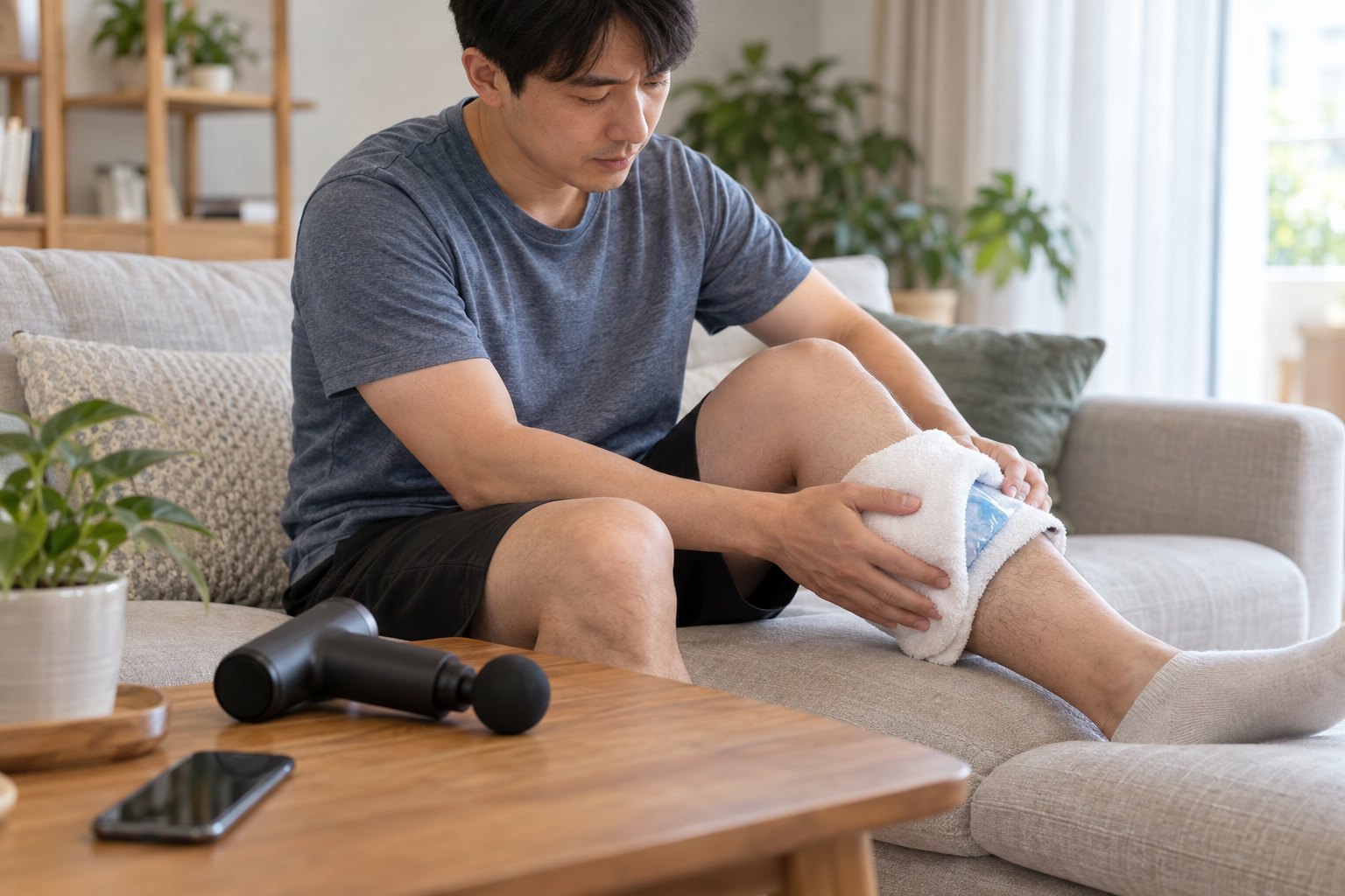 停止使用筋膜枪后用毛巾包裹冷敷袋护理小腿的成年男性