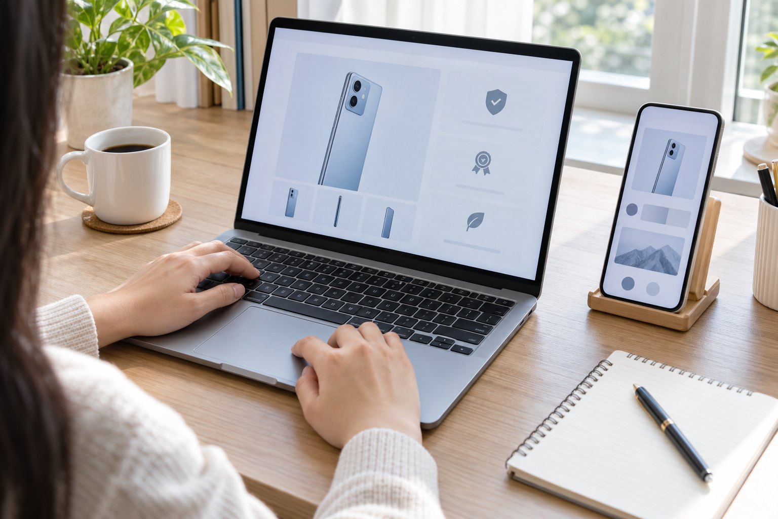 消费者在家庭书桌前通过电脑和手机核验产品信息