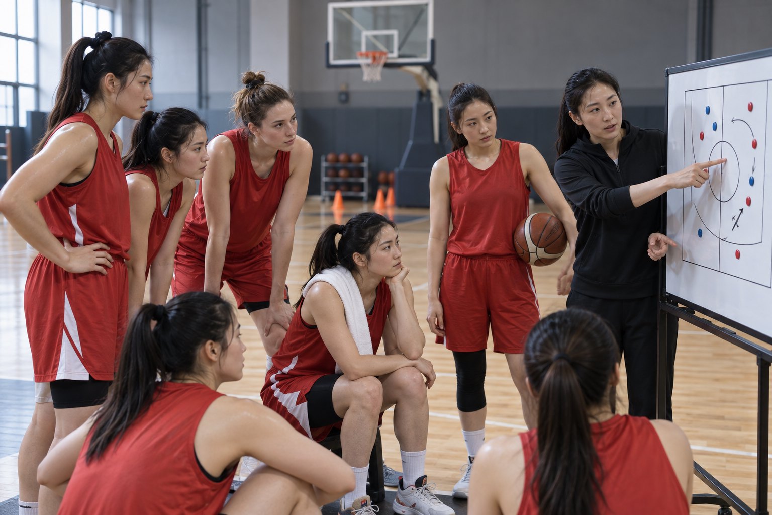 女子篮球队在训练馆围绕战术板进行赛后复盘