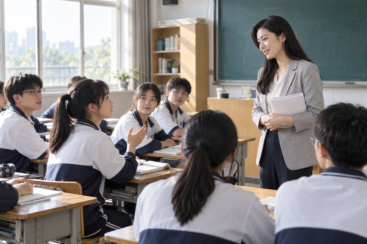 明亮的中学教室里,教师在讲台旁倾听学生提问并与全班交流