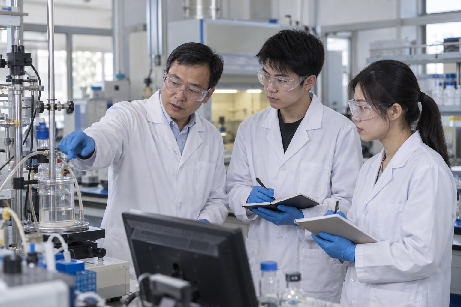 科研教师在实验室向青年学生讲解实验操作