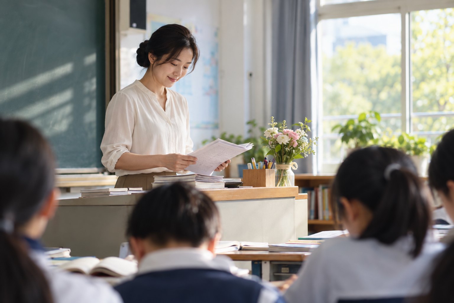 晨光教室里教师在讲台旁整理教案,学生安静就座,桌上摆着一束素雅鲜花