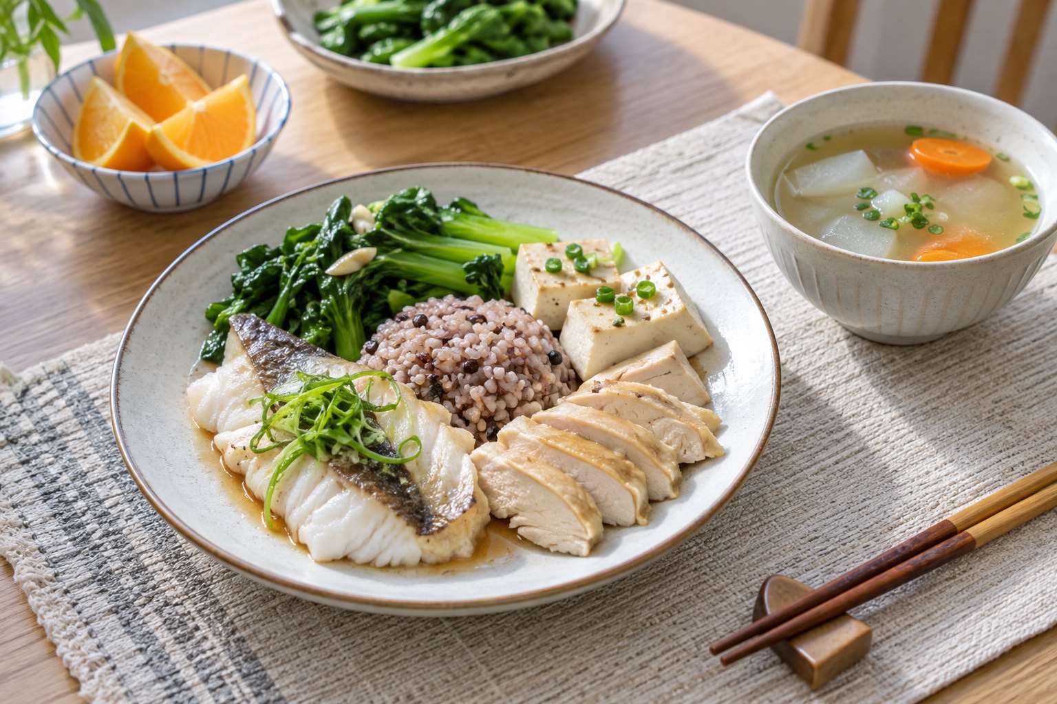 清蒸鱼、鸡肉、豆腐、蔬菜和杂粮饭组成的均衡餐盘,旁边放有一小碗清汤