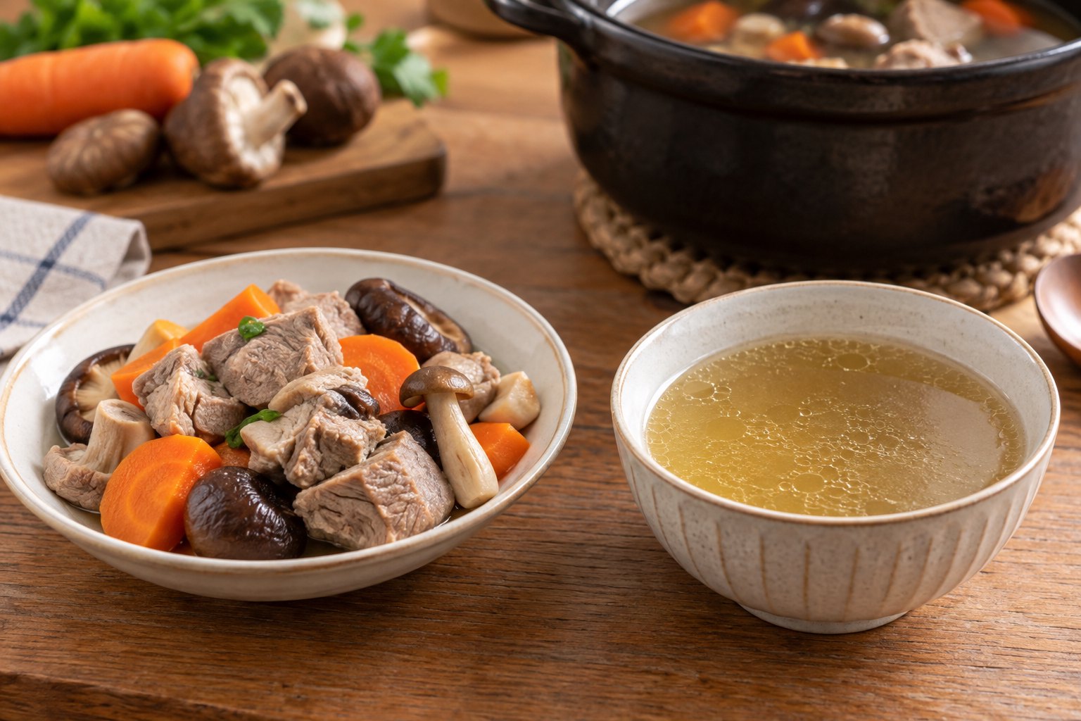 炖熟的瘦肉、胡萝卜和菌菇与一碗清汤摆在餐桌上形成直观对照