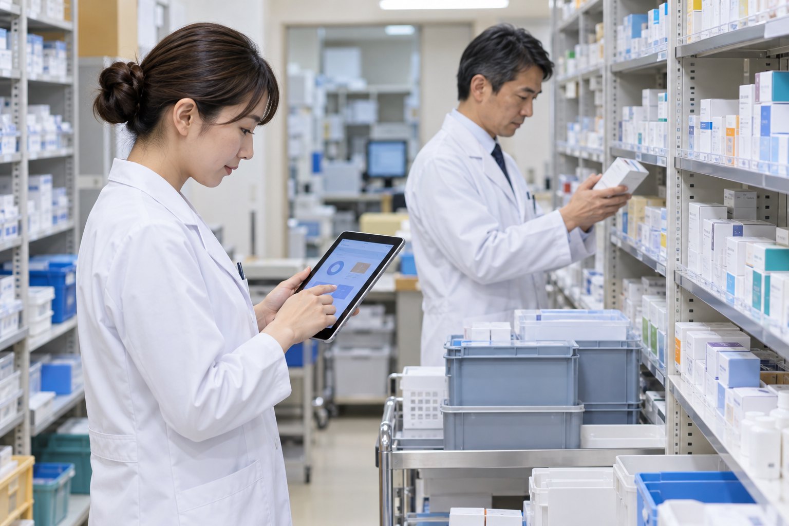 日本医院药房内两名药师正在核对药品库存