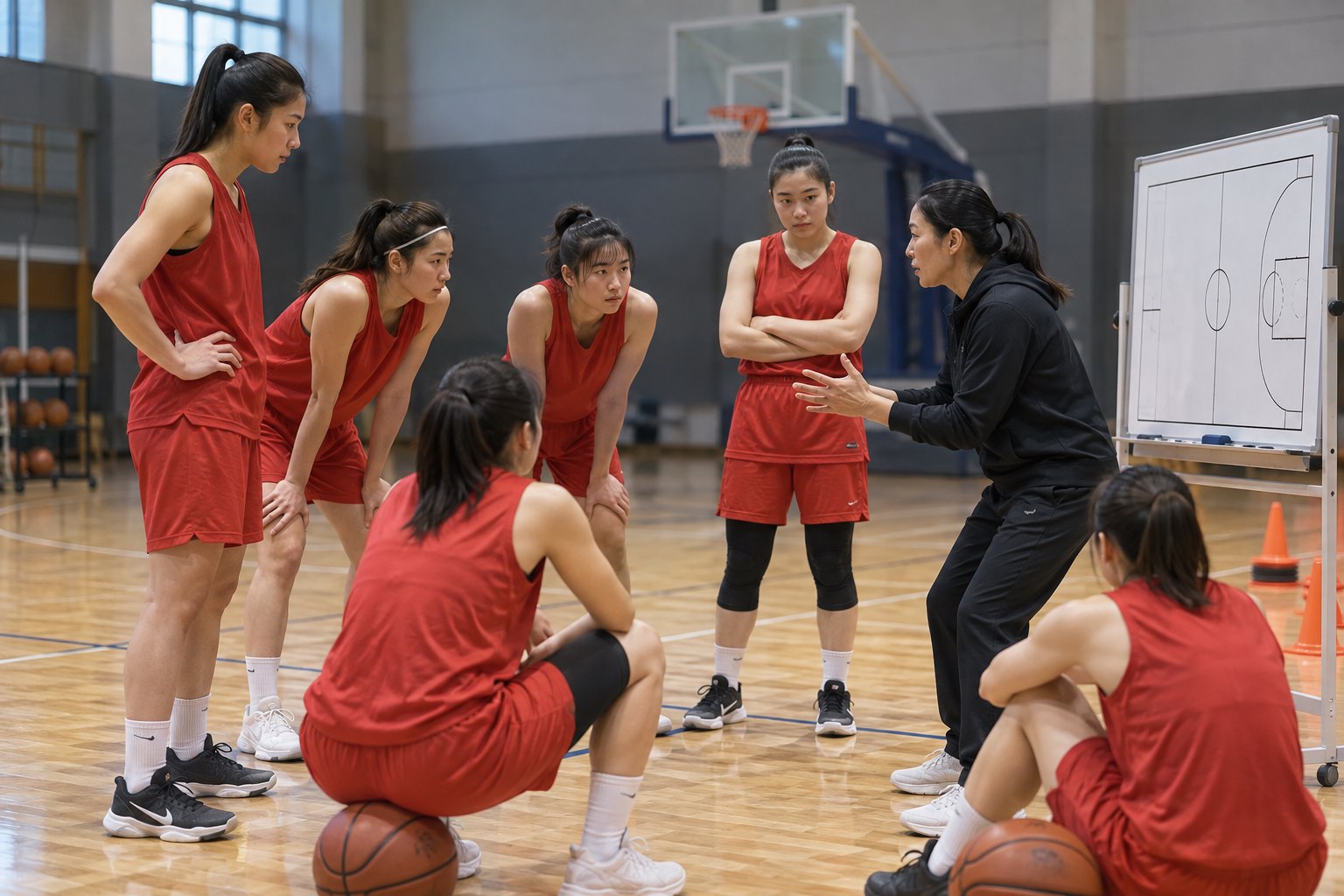 女子篮球队在训练馆围绕教练进行赛后复盘