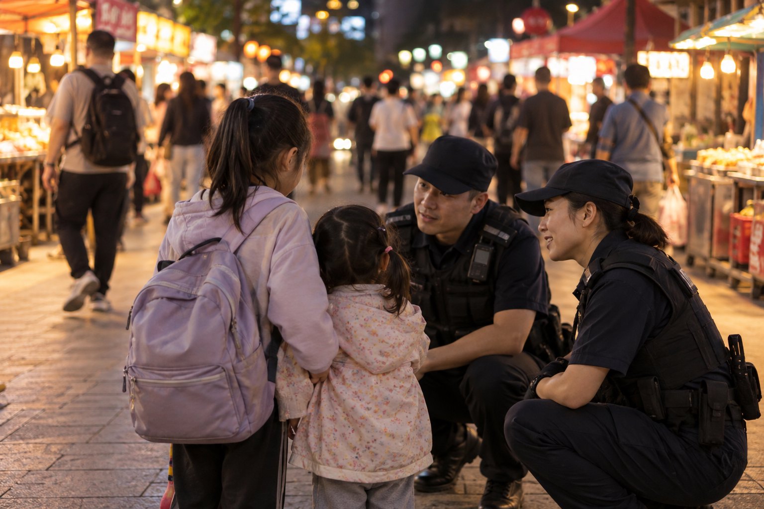 夜市里一名年长女孩带着迷路的小女孩向巡逻人员求助