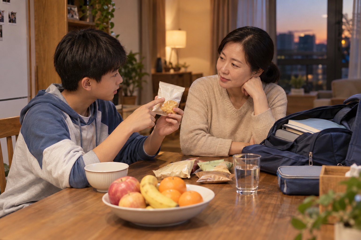 家长与中学生在餐桌旁查看无品牌零食包装并平和交流