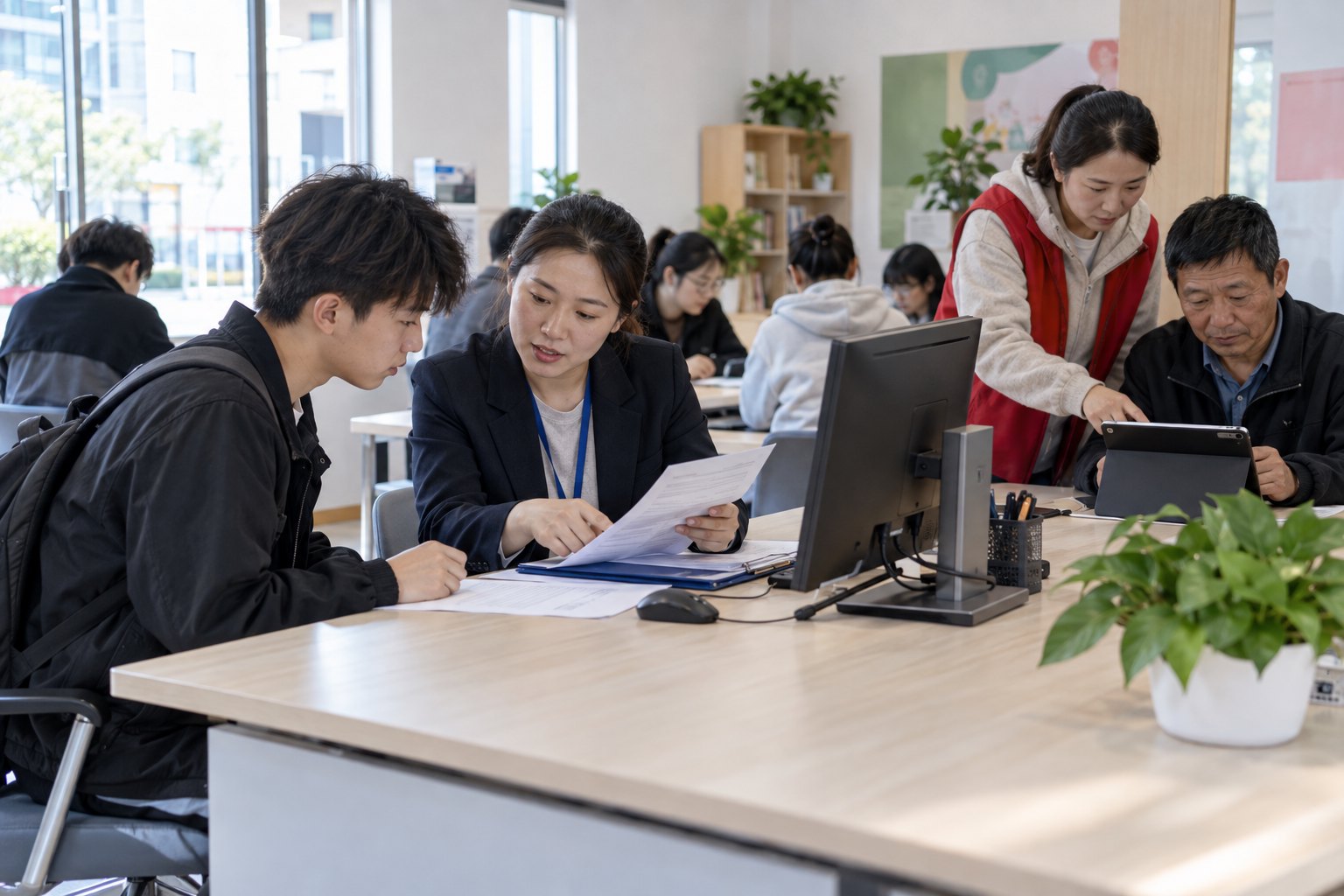 求职者在基层就业服务站接受求职材料和数字技能指导