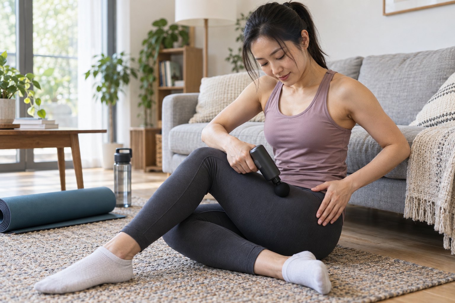 居家运动后使用筋膜枪轻柔放松大腿肌肉的成年女性