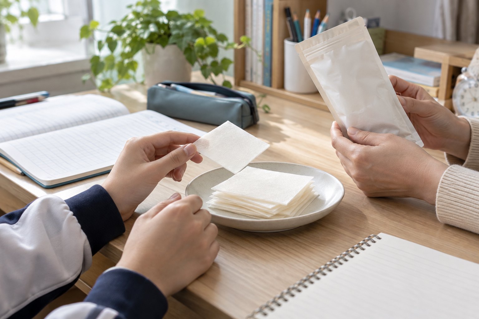 家庭书桌上,学生观察盘中的白色糯米纸薄片,家长拿起素色食品包装进行查看