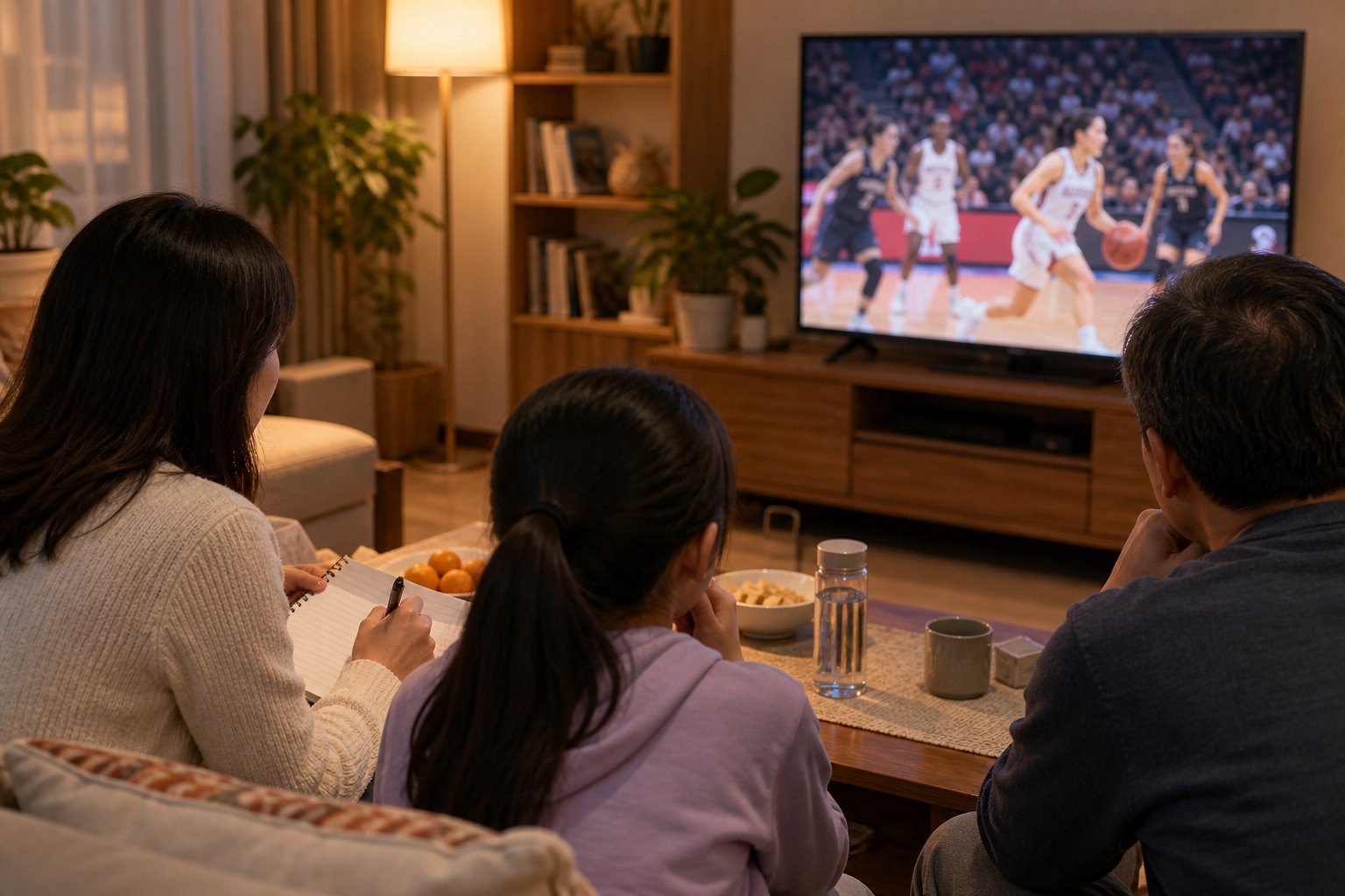 一家三口在客厅观看女子篮球比赛并用纸笔记录观察要点