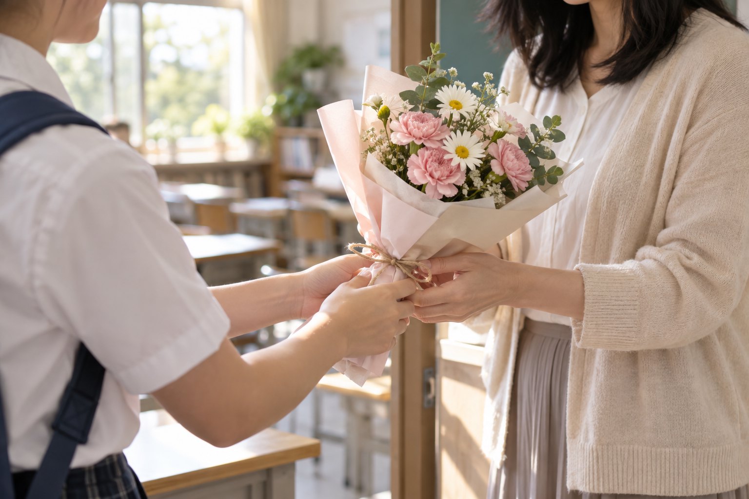 学生在明亮的教室门口双手递出一束朴素小花,老师自然接过