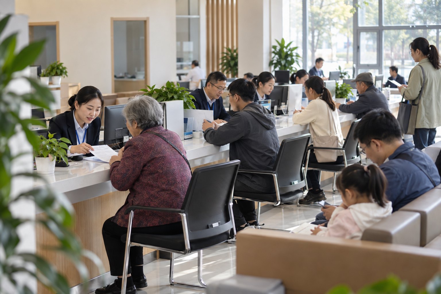 居民在社区综合服务大厅咨询养老、就业、医疗和社会救助事务