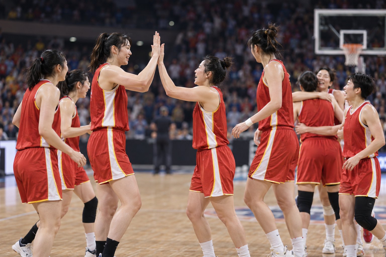 中国女子篮球运动员在国际篮球馆比赛结束后互相击掌庆祝
