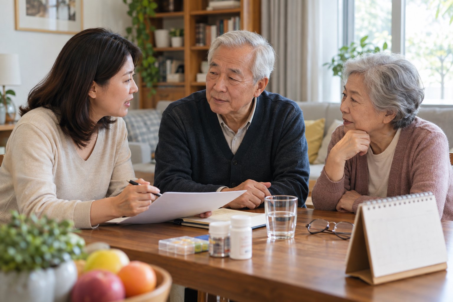 成年子女与年长父母在家中商量日常生活和照护安排