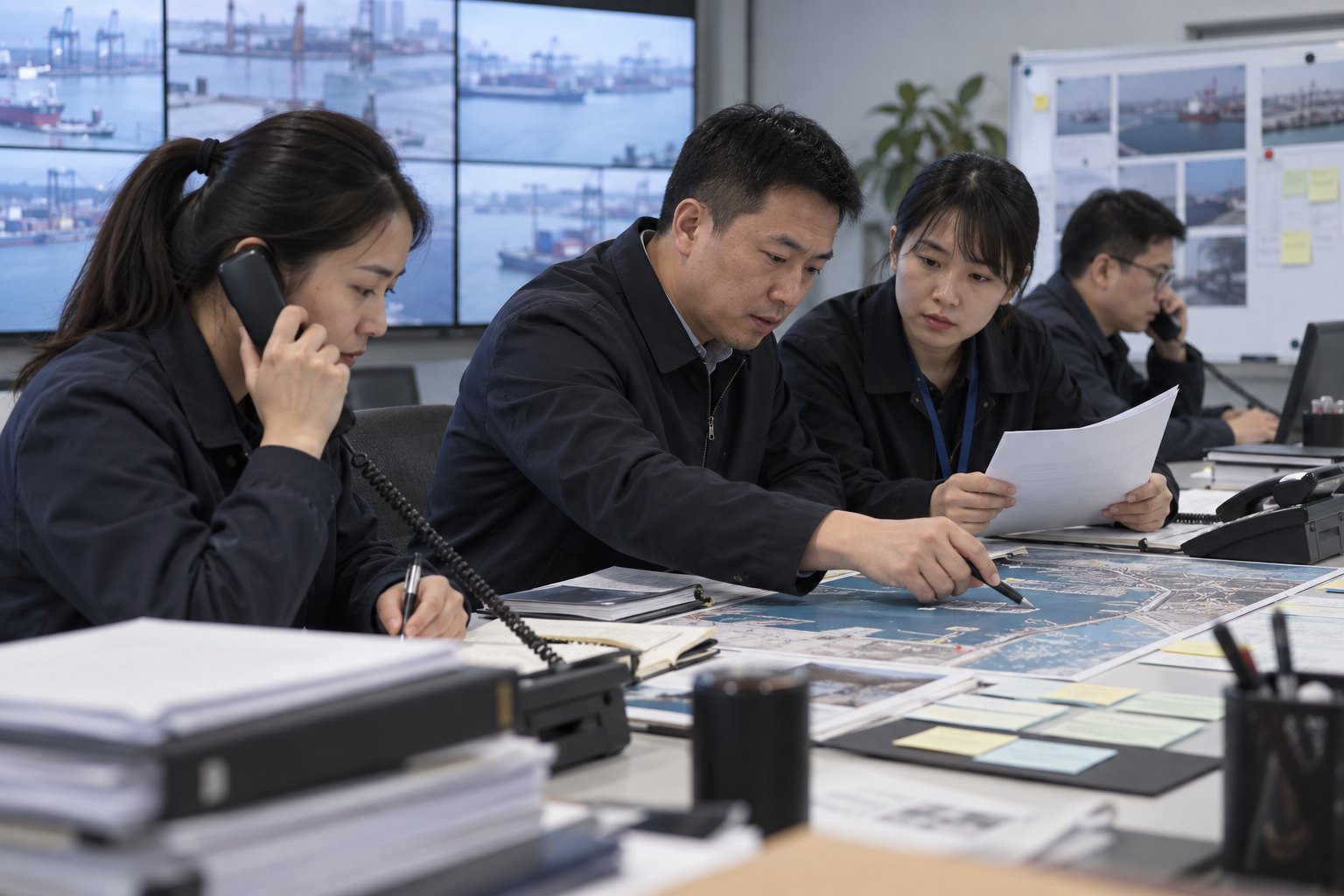 工作人员通过电话、港区图纸和监控画面核对事故信息