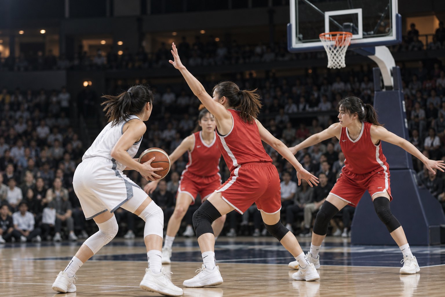 女子篮球比赛中红衣队员在篮下协同防守持球者