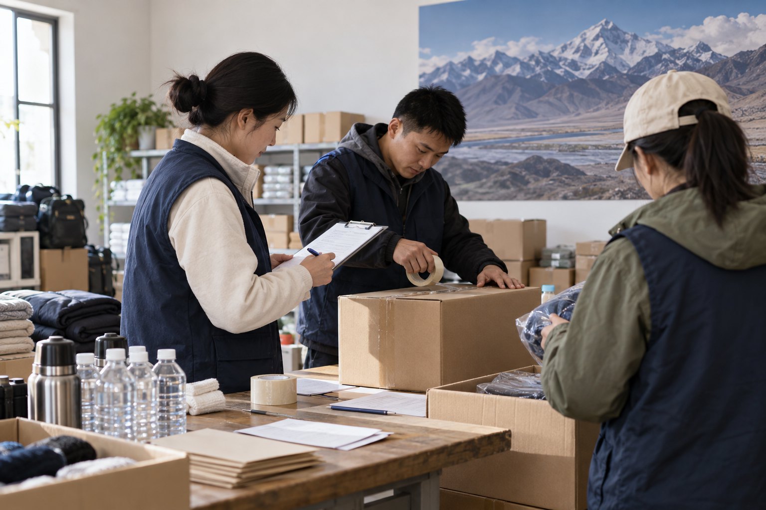 志愿者在公益物资协调空间整理送往灾区的救援用品