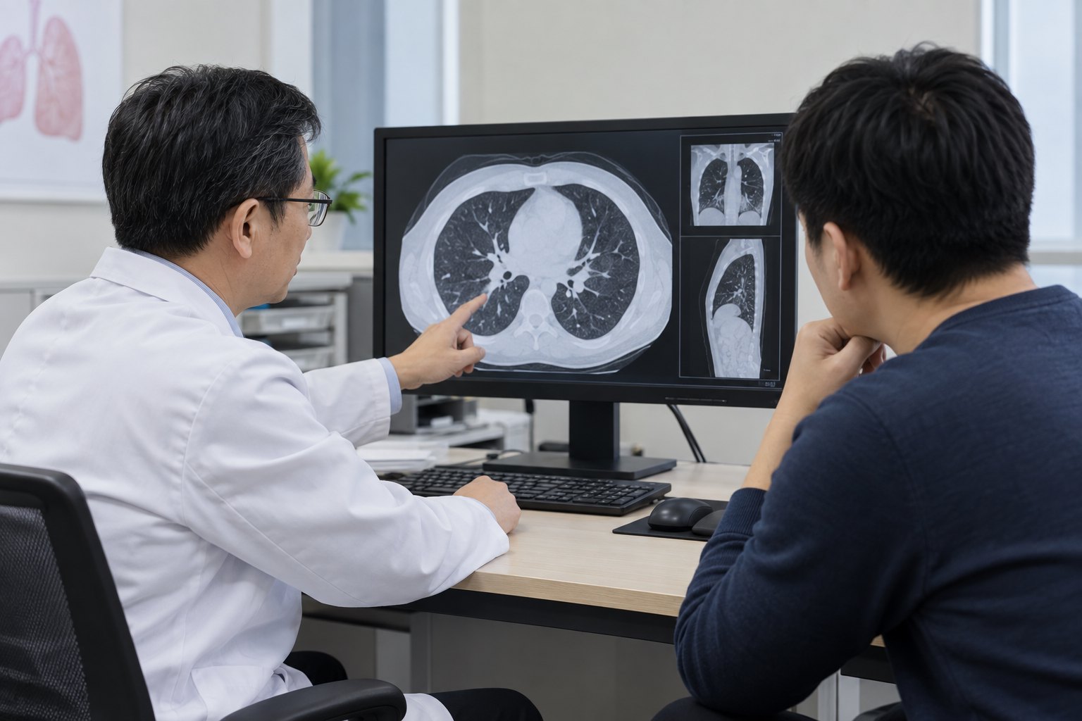 医生在诊室内向患者讲解肺部影像检查结果
