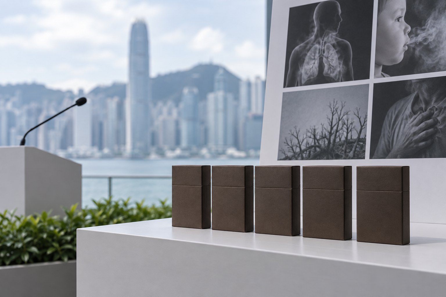 香港城市背景前陈列着一排无品牌暗啡色烟草产品包装样品