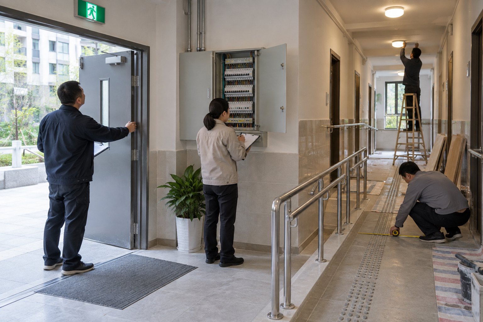 工作人员在公寓楼道检查消防门、电气设备与无障碍设施