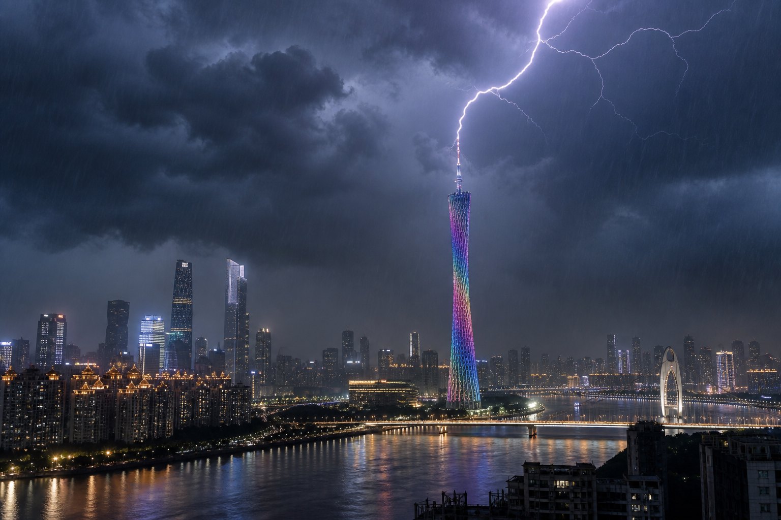 广州夜间雷雨中一道闪电连接广州塔顶部的城市远景