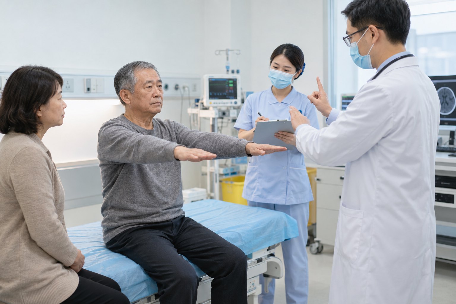 医生为疑似脑卒中患者检查手臂活动情况，护士在旁记录