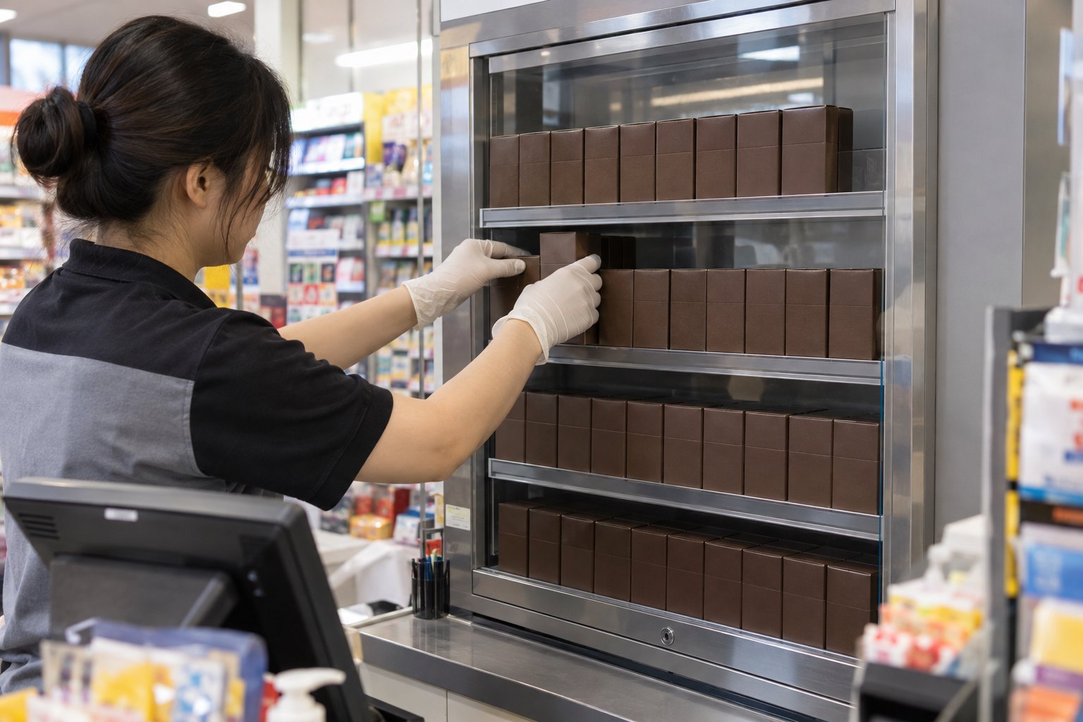 便利店店员整理无品牌暗啡色烟草产品包装的合规准备场景